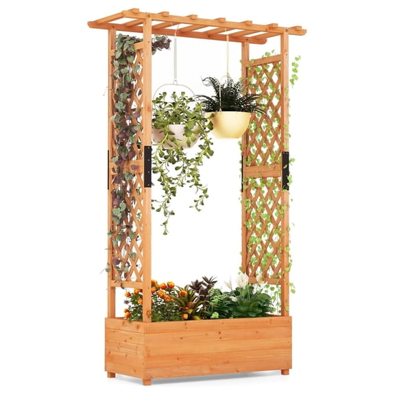 72-Inch Raised Garden Bed with Arch Trellis, Hanging Roof & Drainage Holes, Vertical Plant Container for Vine Climbing Plant Flower, Indoor Outdoor Wood Elevated Planter Box for Garden Patio