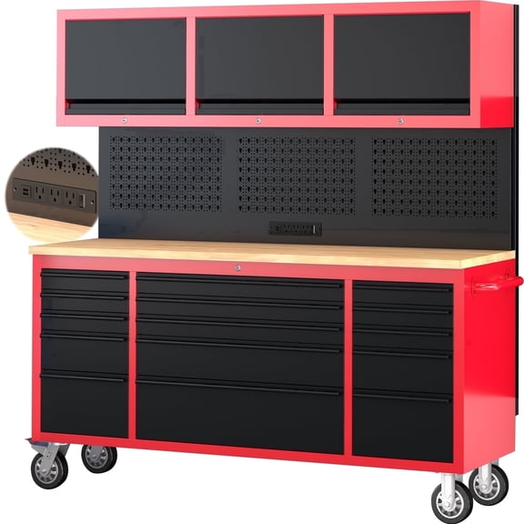 Airaj 72" Rolling Tool Chest with 15 Drawers - Heavy Duty Mobile Workbench Station, Stainless Steel Garage Storage Cabinet with 3 Upper Cabinets, Pegboard, Integrated Power Strip (3 Outlets & 2 USB)