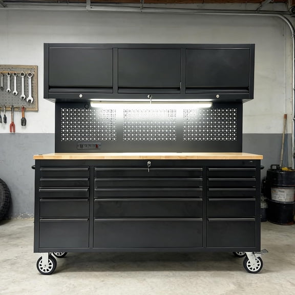 72 Inch Rolling Tool Chest with LED, Tool Box Mobile Garage Workbench with 15 Fully Extending Drawers 3 Upper Cabinet, Heavy-Duty Steel Tool Storage Cabinet with Power Strip for Garage Warehouse