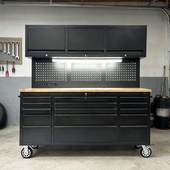 72 Inch Rolling Tool Chest with LED, Tool Box Mobile Garage Workbench with 15 Fully Extending Drawers 3 Upper Cabinet, Heavy-Duty Steel Tool Storage Cabinet with Power Strip for Garage Warehouse