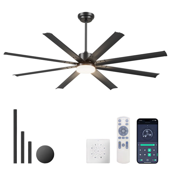 72 Inch Smart Ceiling Fan with Light, APP Controlled, 8 Aluminum Blades, Industrial for Patio Gym,Black