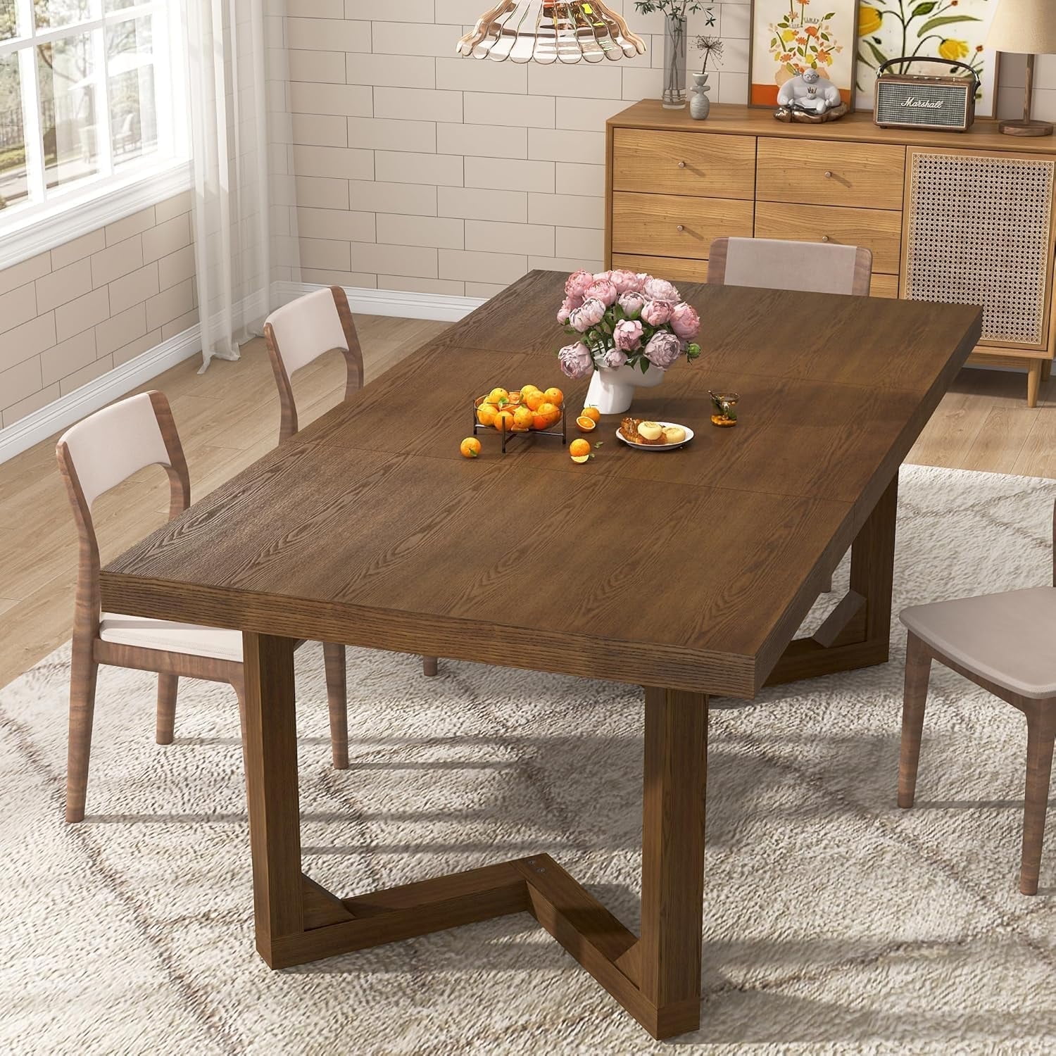 70 Inch Solid Wood Dining Table for 6-8 People, Modern Farmhouse Kitchen Table Rectangular Table for Dining Room, Home Office, Living Room