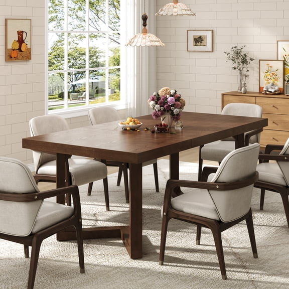 71" Solid Wood Dining Table for 4 to 6 People, Mid Century Modern Rectangular Dining Room Table with Geometric Legs, Heavy Duty Wooden Kitchen Table for Home Office