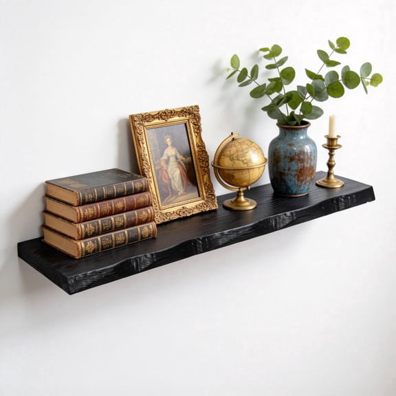 72 Inch Solid Wood Floating Shelf, Live Edge Rustic Wall Shelf with Hidden Brackets, 8 Deep Long Wooden Shelf for Living Room, Bathroom, Bedroom, Kitchen Storage & Display (Black)