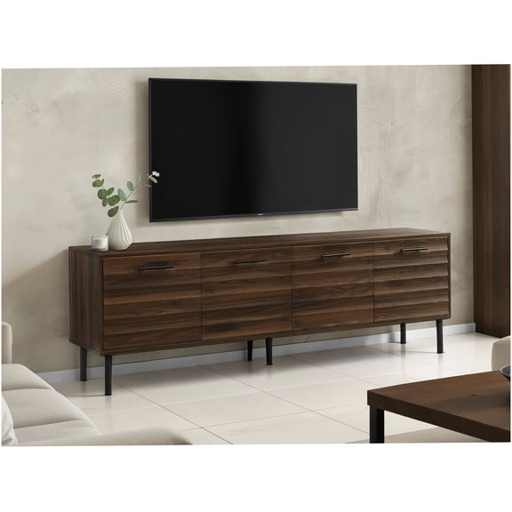 72 Inch TV Stand with Storage Cabinets, Brown Laminate Console Table with Black Metal Legs, Transitional Media Entertainment Center