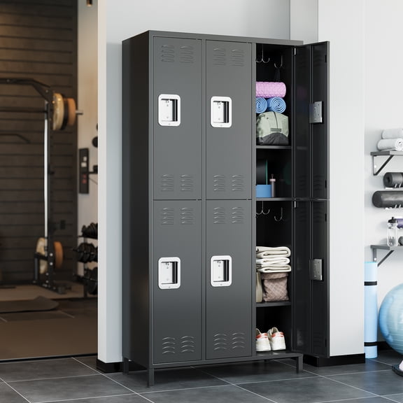 72 Inch Tall 6 Door Metal Locker Cabinet, Includes Iron Lock, 12 Hooks and 9 Shelves, Ideal for Office Home School Gym Storage, Black