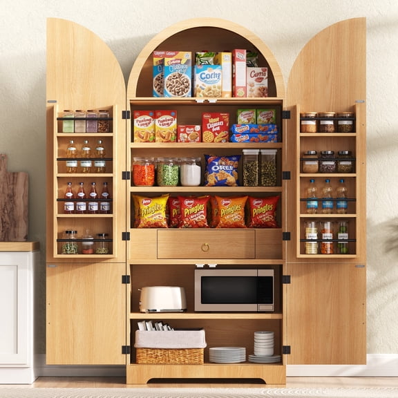 72 Inch Tall Arched Kitchen Pantry Cabinet with 8 Door Shelves, Wood Storage Cabinet with Hidden Drawer and 3 Adjustable Shelves, Freestanding Cupboard for Dining & Living Room, Natural