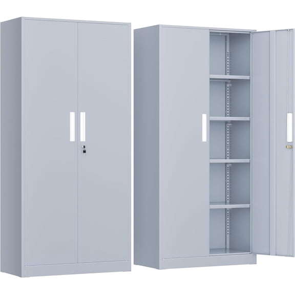 72-Inch Tall Cement Grey Metal Storage Cabinet with Doors and Adjustable Shelves, for Office, Home, and Garage