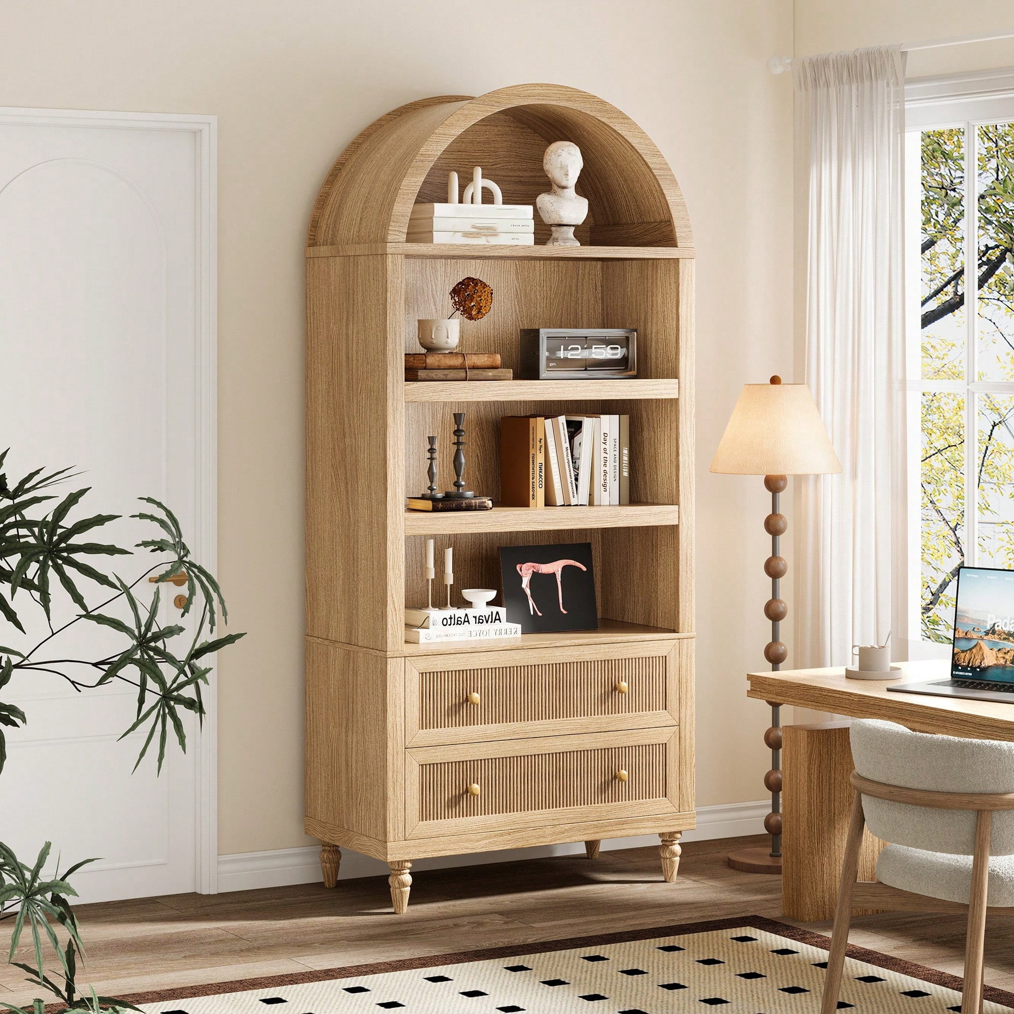 72-Inch Tall Farmhouse Arched Bookshelf, 6-Tier Bookcase with Storage ...