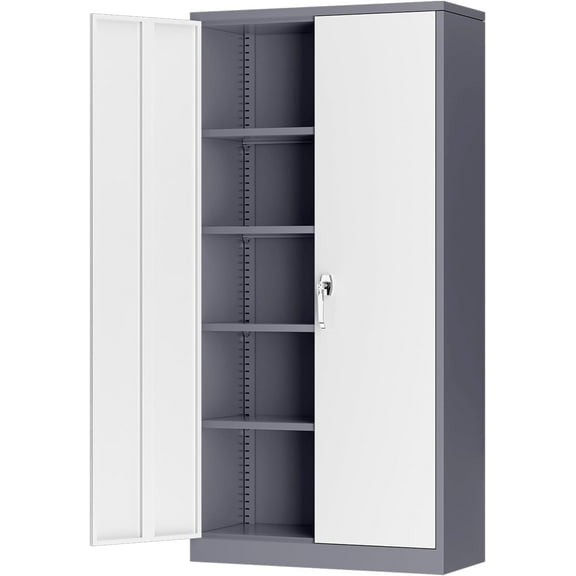 72-Inch Tall Grey White Metal Storage Cabinet with 2 Doors and 4 Adjustable Shelves, for Office, Home, and Garage