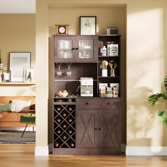 72 Inch Tall Kitchen Pantry Cabinet with Power Outlet - MDF Storage Sideboard with Acrylic Doors, 11 Bottle Wine Rack, 2 Drawers & Barn Doors, Brown