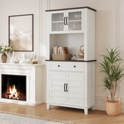 72 Inch Tall Kitchen Storage Cabinet White Pantry Coffee Bar with Adjustable Shelves 4 Glass Doors 1Drawer Large Kitchen Hutch with Storage Drawers and Doors for Dining Room, Living Room