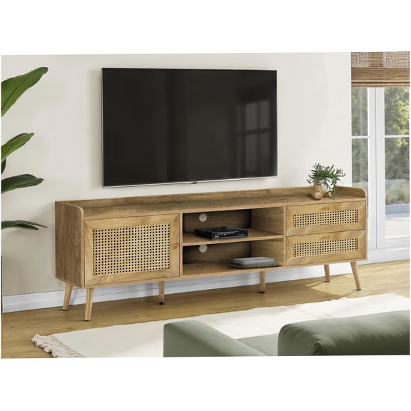 72 Inch Walnut TV Stand with Storage Cabinet and Rattan Drawers, Media Entertainment Center for Living Room and Bedroom