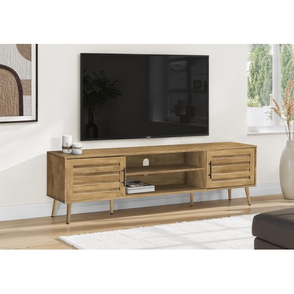 72 Inch Walnut Transitional TV Stand | Media Entertainment Console with Storage Cabinets for Large Screen TVs