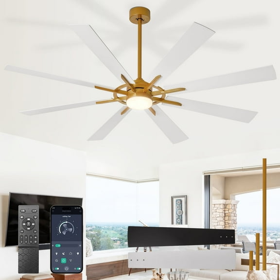 72-Inch White & Black Ceiling Fan with Light,8 Blades Hanging Fan with Remote & APP Control Dimmable LED Light & Memory Function for Outdoor/Indoor Use