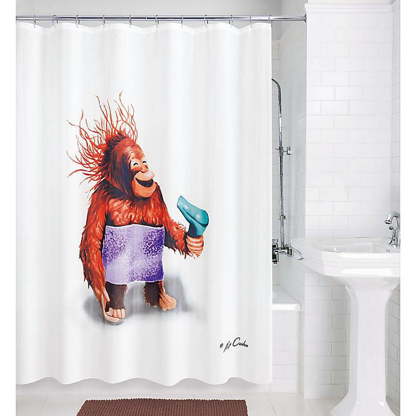 72Inch x 70Inch Blow Dryer Monkey Shower Curtain in White