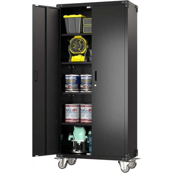 72 Inches Metal Garage Storage Cabinet with Wheels, Locking Metal Storage Cabinet with 4Shelves, Rolling Tool Storage Cabinet on Wheels, Assembly Required,Black