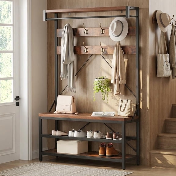 72" Industrial Hall Tree Entryway Bench, Wooden Coat Rack Shoe Bench with Shoe Rack & Storage Shelf, 8 Hooks & Bar, Entryway Organizer for Foyer, Mudroom, Rustic Brown
