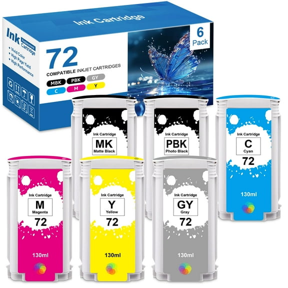 72 Ink Cartridges Combo Pack Compatible for 72 Ink Cartridges 300ML Replacement for Designjet T1100 T1200 T1100ps T1120 SD-MFP T1120ps T2300 T610 T790 Printer Ink (1MK+1Y+1C+1M+1G+1PBK)