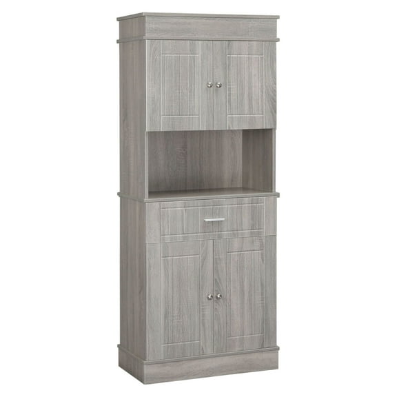 72" Kitchen Hutch Cabinet, Freestanding Pantry with Drawer, 2 Door Storage, Gray Wood Grain