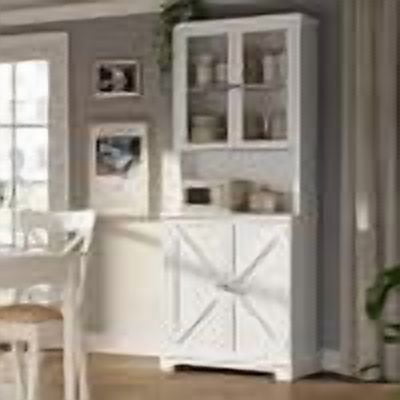 72" Kitchen Hutch Cabinet with Glass Doors, Charging Station, LED Lights, Open Counter Shelf and Storage Cabinet for Dining Room,White