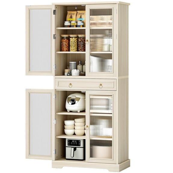 Kitchen Pantry Cabinet with Adjustable Shelves and Acrylic Doors,  72"  Large Storage Cabinets with Drawer for Dining Living Room,  White Oak