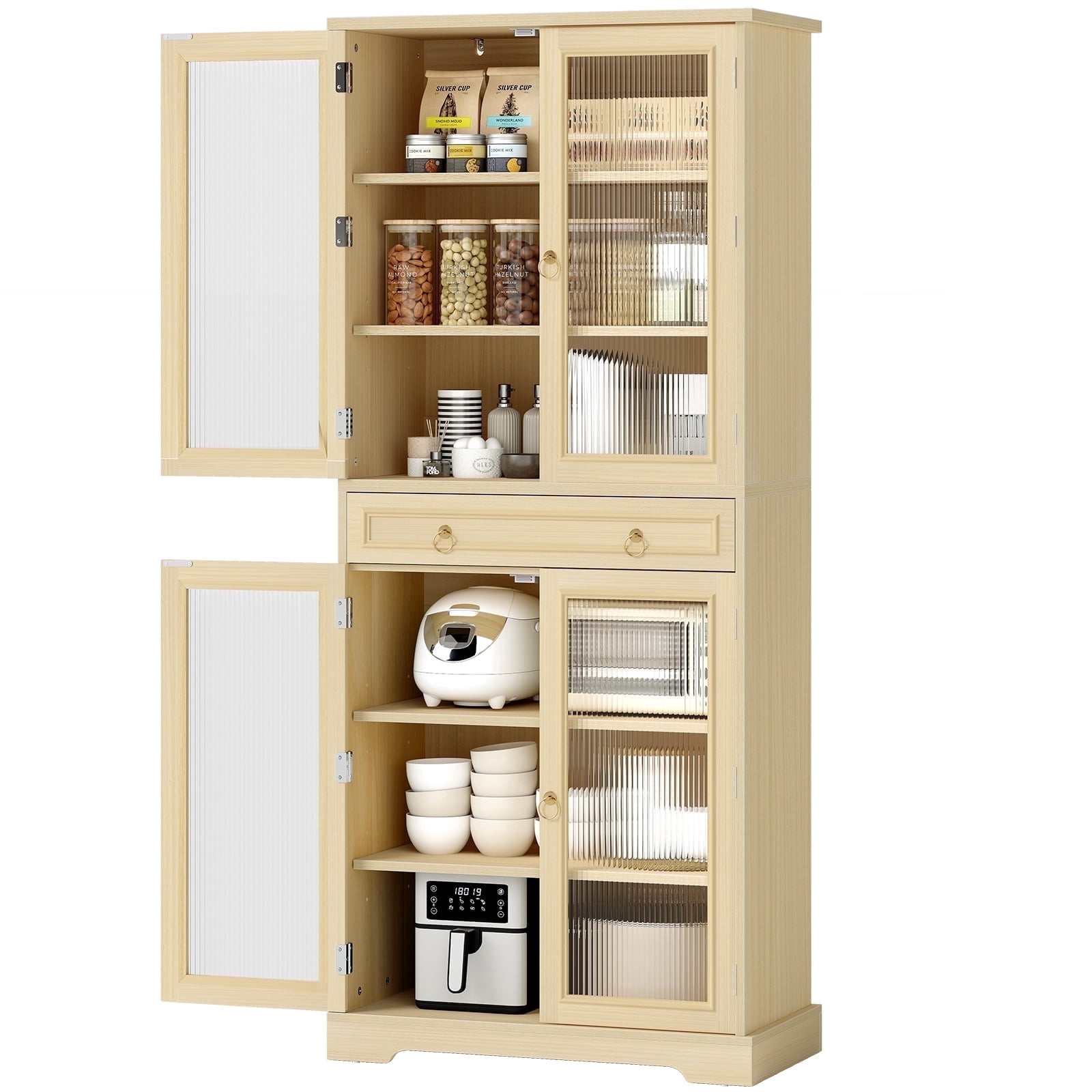 72" Kitchen Pantry Cabinet with Adjustable Shelves and Drawer, Tall Storage Cabinets with Acrylic Doors for Dining Room, Living Room, Bathroom, Natural Wood