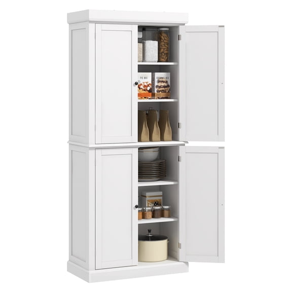 72" Kitchen Pantry Cabinet, Freestanding Food Storage, White Shaker Style, Adjustable Shelves, High Capacity, Home Kitchen Organization