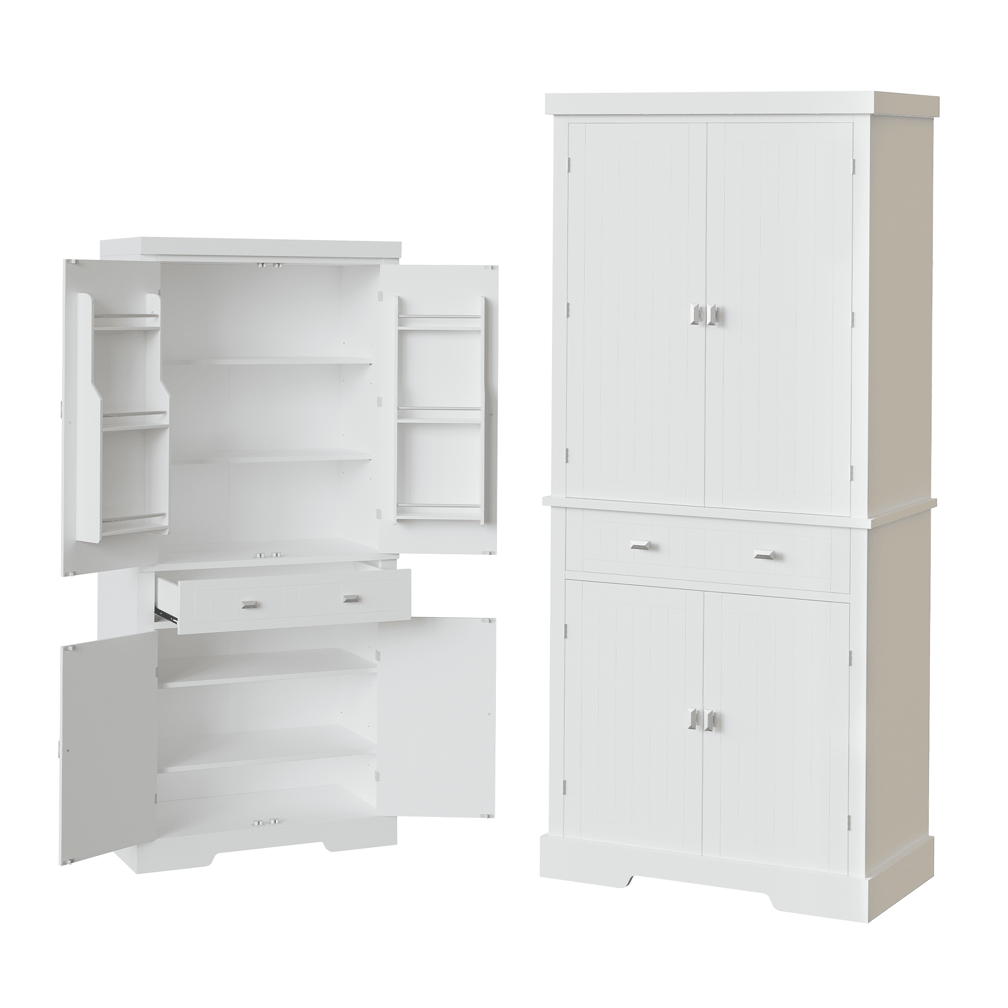 72 in Kitchen Pantry Storage Cabinet, Freestanding Food Pantry Cabinet with Drawer, Modern Wood Cupboard with 6 Door Shelves and 4 Adjustable Shelves for Ding Room, White