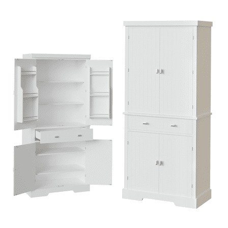 72 in Kitchen Pantry Storage Cabinet, Freestanding Food Pantry Cabinet with Drawer, Modern Wood Cupboard with 6 Door Shelves and 4 Adjustable Shelves for Ding Room, White