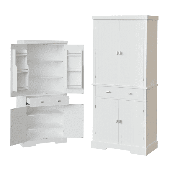 72 in Kitchen Pantry Storage Cabinet, Freestanding Food Pantry Cabinet with Drawer, Modern Wood Cupboard with 6 Door Shelves and 4 Adjustable Shelves for Ding Room, White