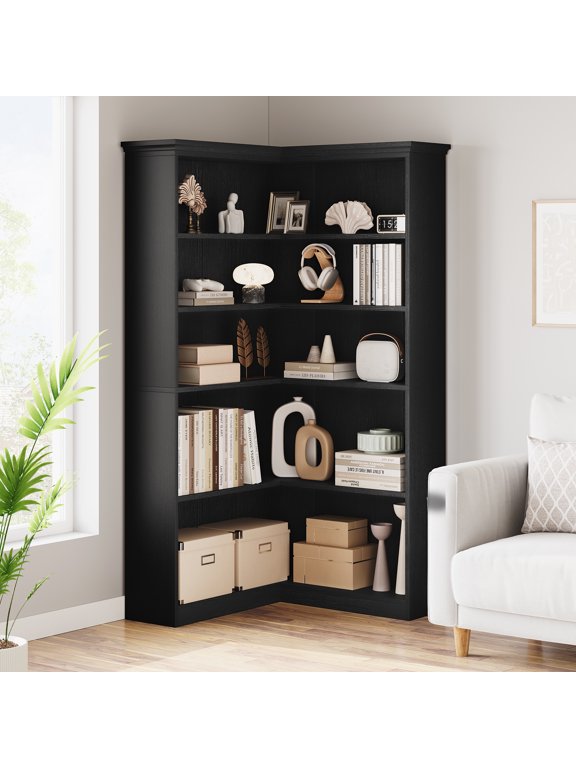 72" L-Shaped Corner Bookshelf, 5-Tier Wood Bookcase with Anti-Tip Design for Living Room/Office, Easy Assembly Rustic Storage Shelf, Easy Assembly, Half Back