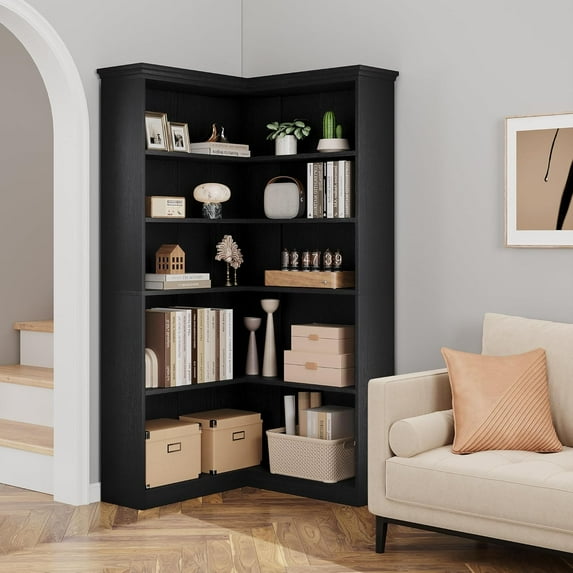 72" L-Shaped Corner Bookshelf, 5-Tier Wood Bookcase for Living Room/Office, Rustic Storage Shelf with Anti-Tip Design, Easy Assembly，Full-Back Style, Black
