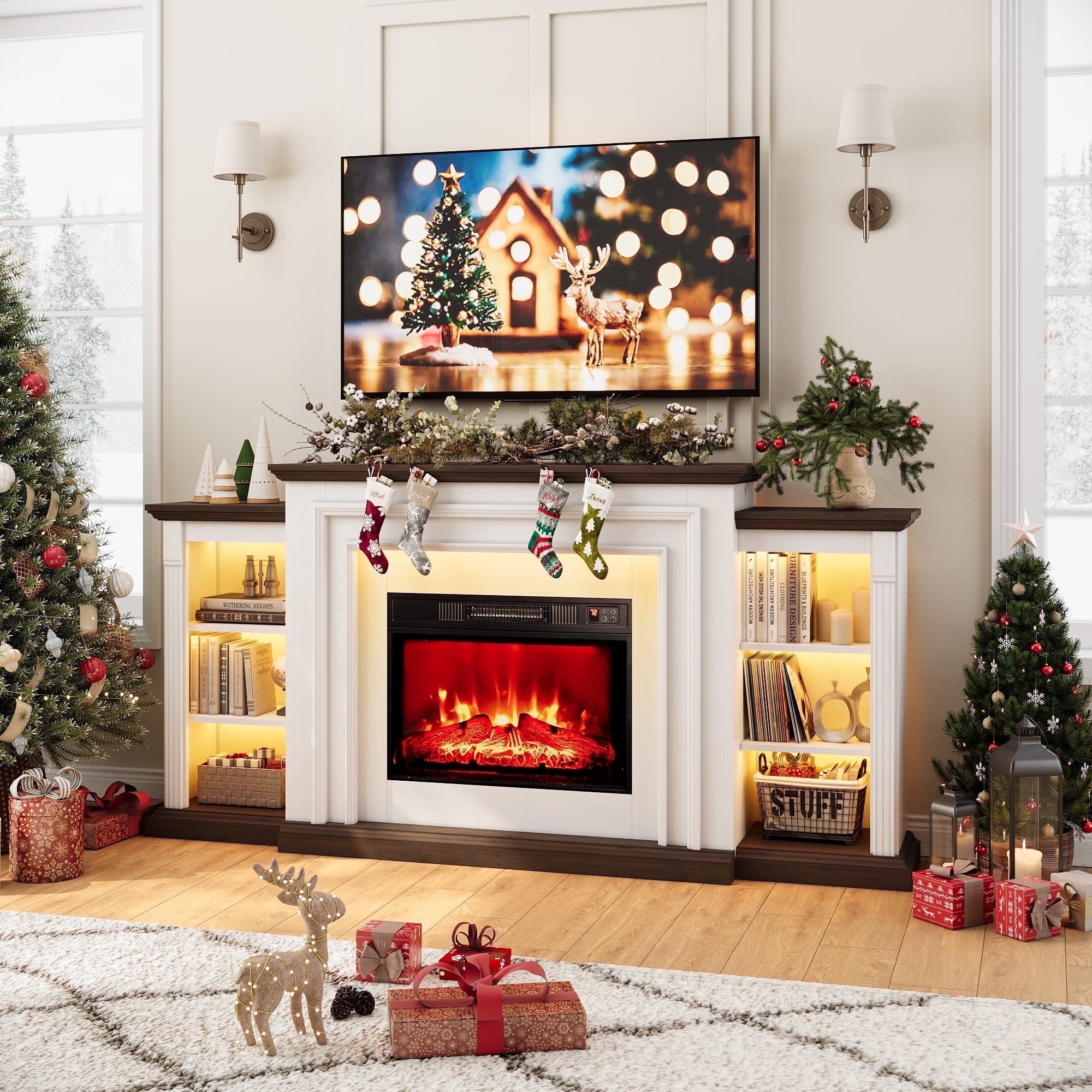 72" LED Electric Fireplace with Mantel, Fireplace TV Stand for 80 Inch TV, Modern Entertainment Center with Storage, Delicate Three-Dimensional Molding with Remote Control for Living Room