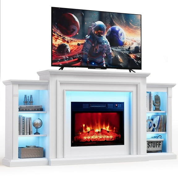 72" LED Lights Electric Fireplace with Mantel, Fireplace TV Stand for TVs Up to 80",Modern Entertainment Center with Storage, Delicate Three-Dimensional Molding with Remote Control for Living Room