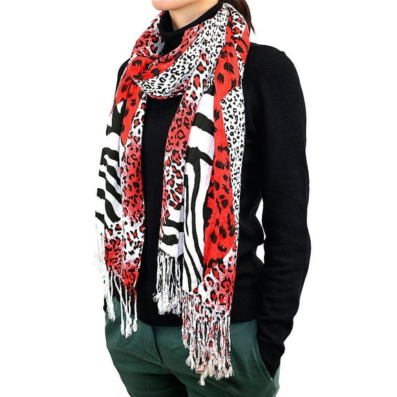 72" Leopard & Zebra Print Scarf (Red)