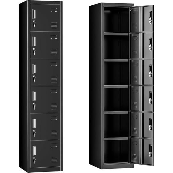 72" Locker, Metal Lockers for Employees with 6 Doors and Keys, 6-Tiers Black Lockable Steel Storage Locker for Gym,School,Office,Sports,Card Slots,Vents