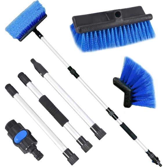 72" Long Handle Car Wash Brush with Hose Attachment, Flow-Through Soft Bristle Five-Sided Brush