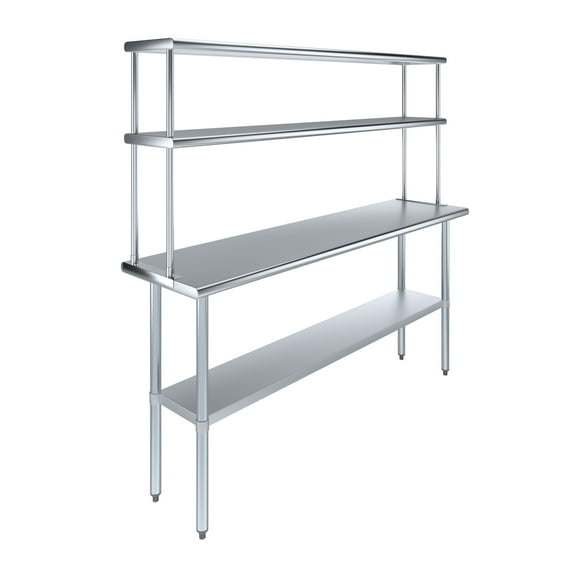 72" Long x 18" Deep" Stainless Steel Work Table With 12" Wide Double Tier Overshelf | Metal Kitchen Prep Table & Shelving Combo