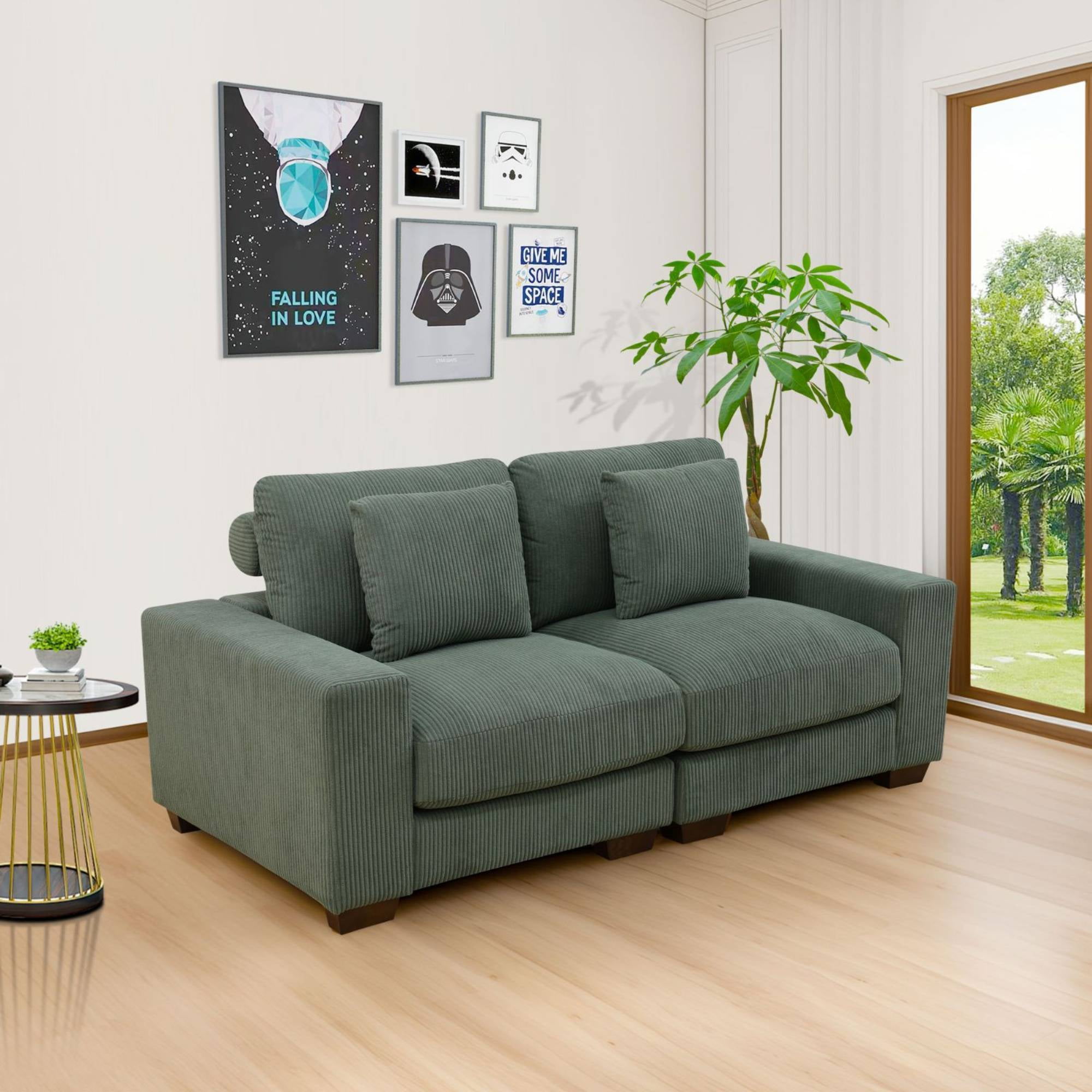 72" Loveseat Sofa, Modern Corduroy Sofa Couch with2 Pillows Small Comfy Couch for Living Room, Green