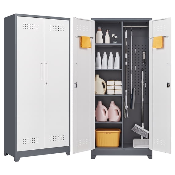 72'' Metal Garage Cabinet, Cleaning Tool Cabinets With Lockable Doors, High Broom Tool Storage Cabinets with Adjustable Shelves, for Kitchens, Offices, Shops, Grey+White