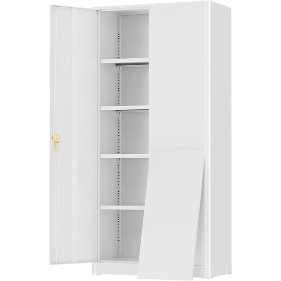 72” Metal Garage Storage Cabinet, Lockable File Cabinets with 2 Doors and 4 Adjustable Shelves, Steel Tool Cabinets with Lock for Office, Home, Gym (White)