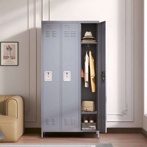 72" Metal Locker – 3 Door Storage Cabinet with Lock for Employee & Garage, Gray