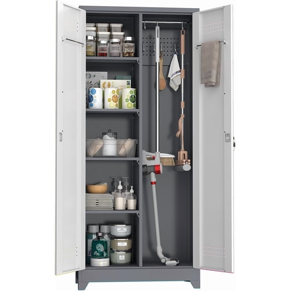 72" Metal Storage Cabinet with Lockable Doors, Functional Garage Storage Cabinets, Heavy-Duty Tool Organization Cabinet with Hanging Rod & S-Hooks (72" Utility Closet)