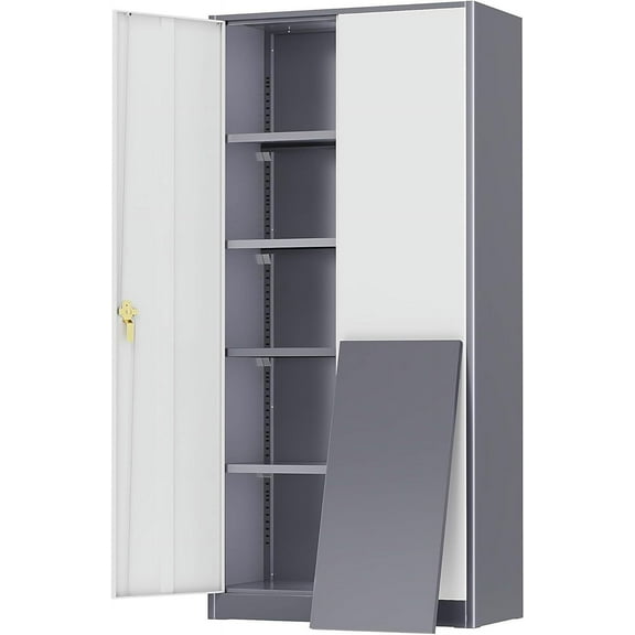 72” Metal Storage Cabinet, Lockable File Cabinets with 2 Doors and 4 Adjustable Shelves, Steel Tool Cabinets with Lock for Office, Home, Gym, Grey White-Small
