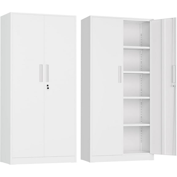 72” Metal Storage Cabinet, Lockable File Cabinets with 2 Doors and 4 Adjustable Shelves, Steel Tool Cabinets with Lock for Office, Home, Gym, White-Small