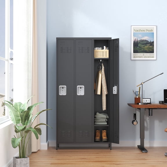 72" Metal Storage Locker Cabinet – 3 Door Large Storage Lockers for Employees & Home Garage, Black