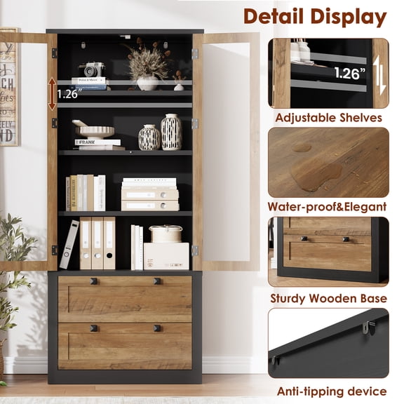 72" Modern Farmhouse Pantry Cabinet with Glass Doors – 2 Large Drawers & Adjustable Shelves – Multipurpose Sideboard Storage for Dining Room, Living Room, Bathroom
