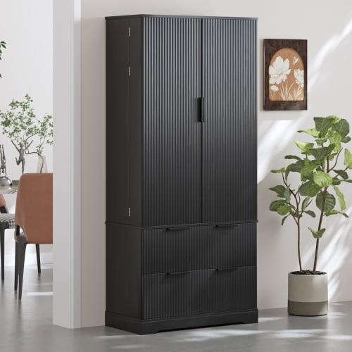 72" Modern Fluted Kitchen Pantry Cabinet with 2 Large Drawers & Door Spice Rack, Freestanding Tall Storage Organizer for Dining Room Entryway, Black