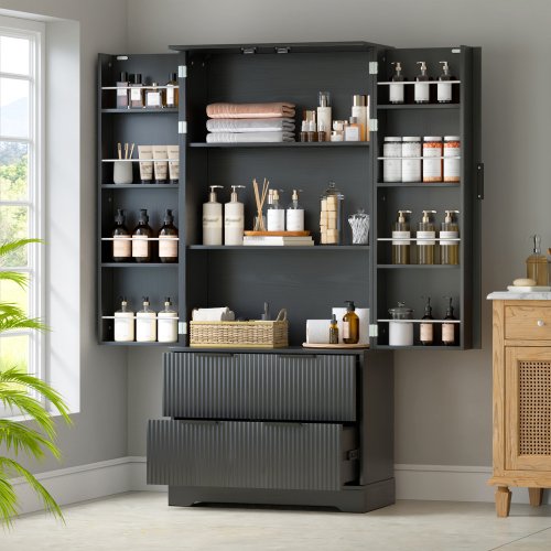 72" Modern Fluted Pantry Cabinet with Storage Drawers and Door Spice Rack, Freestanding Tall Storage Organizer for Kitchen Dining Room Bathroom Entryway, Black
